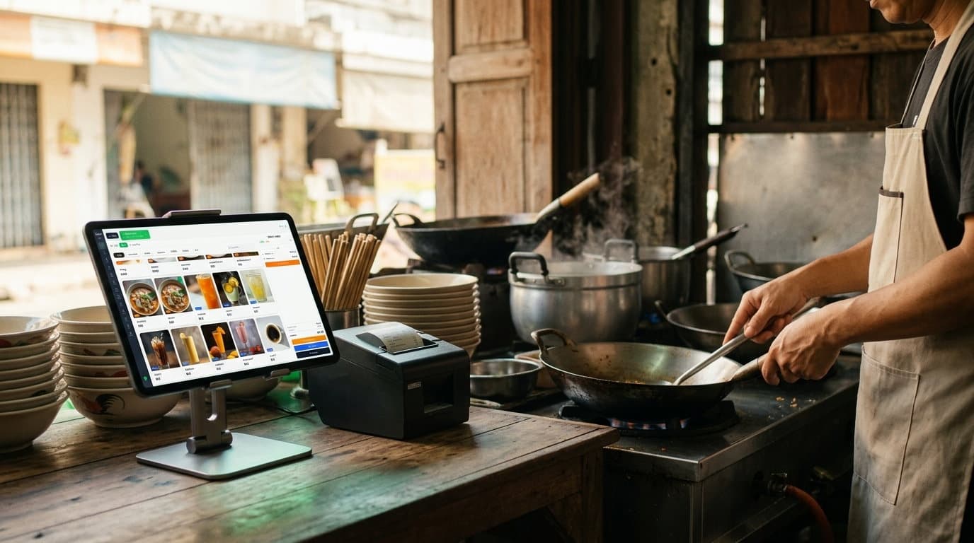 ร้านอาหารตามสั่งขนาดเล็กช่วงสาย มีแท็บเล็ตเปิดระบบขายหน้าร้านตั้งอยู่บนเคาน์เตอร์