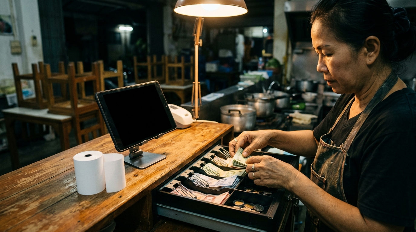 พนักงานร้านอาหารกำลังนับเงินในลิ้นชักตอนปิดกะ โดยมีใบเสร็จและแท็บเล็ตวางอยู่ข้าง ๆ