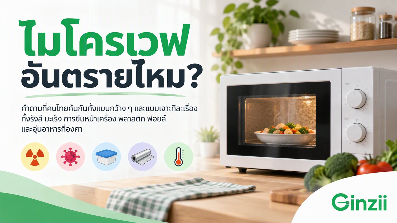 ปกบทความไมโครเวฟอันตรายไหม เตาไมโครเวฟสีขาวบนเคาน์เตอร์ไม้ ด้านในมีจานผักกำลังอุ่น พาดหัวไมโครเวฟอันตรายไหม พร้อมไอคอนรังสี เซลล์ กล่องพลาสติก ฟอยล์ และเทอร์โมมิเตอร์