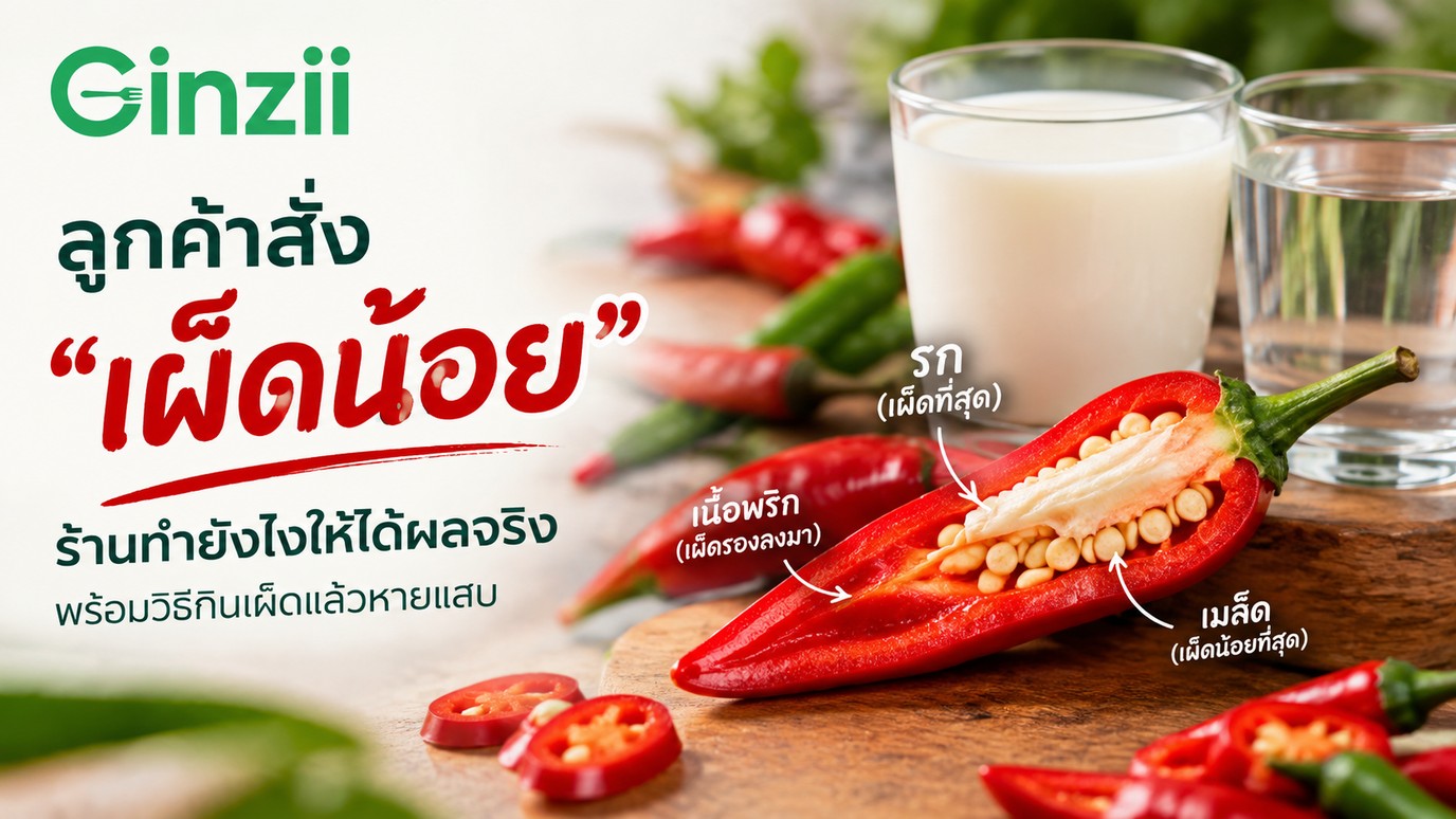 พริกชี้ฟ้าผ่าครึ่งพร้อมป้ายชี้ รก เผ็ดที่สุด เนื้อพริกเผ็ดรองลงมา เมล็ดเผ็ดน้อยที่สุด ข้างหลังมีแก้วนมกับแก้วน้ำเปล่า และพาดหัวลูกค้าสั่งเผ็ดน้อย ร้านทำยังไงให้ได้ผลจริง
